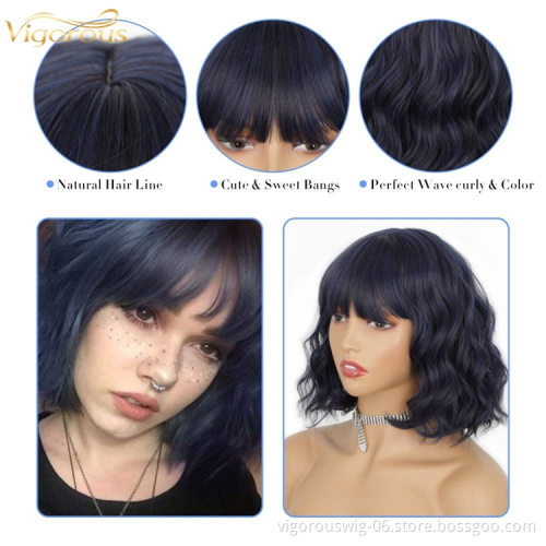 Short Bob Wavy Wigs With Bangs Mixed Navy Blue Curly Wigs For Women Natural Looking Synthetic Heat Resistant Fiber Wig For Daily